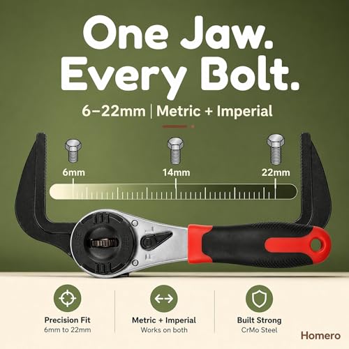 Image of Homero Adjustable Ratchet Wrench 6-22mm Universal Spanner Tool | 60 Tooth Quick Ratchet Mechanism | Chrome Vanadium Steel Multi Size Wrench | Plumbing, Car Repair, Home Maintenance Hand Tool