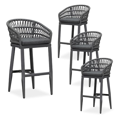 Image of PURPLE LEAF 29 inch Rattan Bar Stools Set of 4 Soft Seat Cushion, Grey