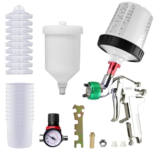 Image of Paint Sprayer,HVLP Spray Paint Gun with 1.7mm Nozzle 600CC Cup,Paint Sprayer Gun Set 10pcs 20Ounce Disposable Mixing Cups & Locking Air Pressure Regulator Gauge for House Painting (1.7mm-Green)