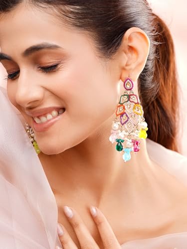 Image of Rubans Long Dangler Earrings Kundan & Pearl Ethnic Jewellery Gift for Women & Girls