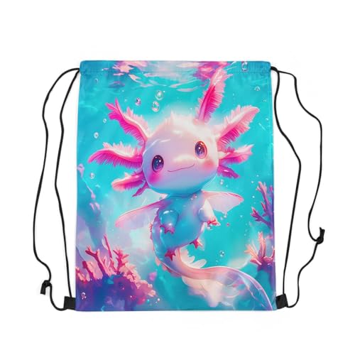 jejeloiu Cute Pink Axolotl Drawstring Backpack 13
