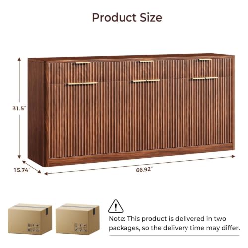 Image of Evermagin 67 inch Fluted Walnut Sideboard Buffet Cabinet with 3 Drawers, Modern Credenza with Storage, Console Coffee Bar Cabinet for Kitchen, Living Room and Entryway (67 inch W x 31.5 inch H x 15.7 inch D)