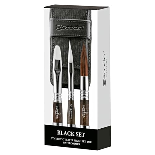 Image of Escoda | Watercolour | Black Travel Set | Size 1 /4,12,16 | 3 Brushes | Synthetic Kolinsky + White Toray | Bright + Dagger Striper + Round Pointed