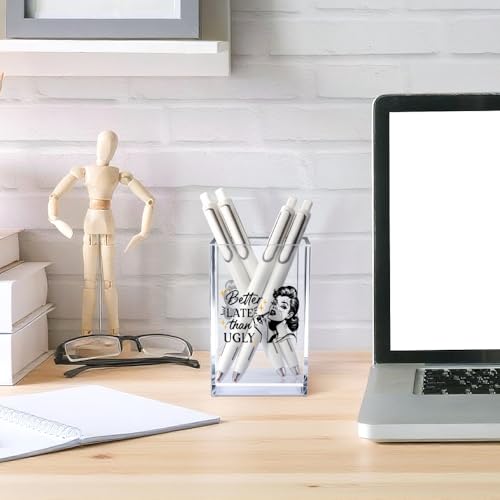 Image of Better Late Than Ugly Acrylic Makeup Brush Organizer Holder, Self Affirmations Desk Acrylic Brushes Storage, Make Up Artist Gifts, Birthday Gifts for Her Wife Sister Friend Makeup Lovers