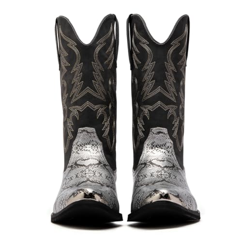 Mens Monty Print Pointed Toe Pull On Casual jackboots Mid Calf，Western Cowboy Boots, Snake Print Design, Embroidered Shaft3