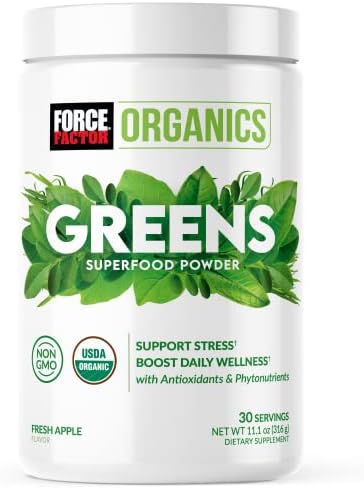 Force Factor Organics Greens Superfood Powder for Stress Relief and Daily Wellness, Greens Powder with KSM-66 Ashwagandha, Moringa, Spirulina Powder, Vegan and Non-GMO, Fresh Apple, 30 Servings