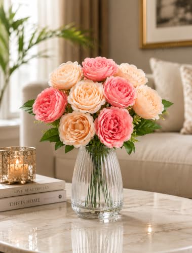 Image of Divyakosh Artificial Flower for Vase (10 Peony Flower Heads), Artificial Flowers Bunch (Vase Not Included), Luxury Floral Centerpiece for Living Room Dining Table Office Decor