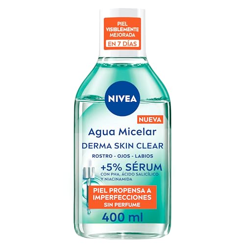 NIVEA Derma Skin Clear - Agua Micelar +5% Sérum - Gel Limpiador Facial - Anti-imperfecciones - Con PHA, Ácido Salicílico y Niacinamida - Elimina Filtros SPF - Piel Propensa a Imperfecciones - 400 ml