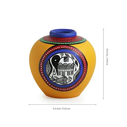 Image of ExclusiveLane Madhubani & Warli Terracotta Vases for Home Decor Flower Vase for Living Room (Set of 2, Blue, Yellow) | Terracotta Flower Vases for Home Decoration Items Vases for Dining Table