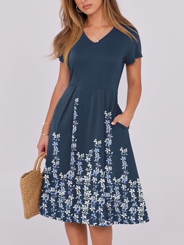 Image of ANRABESS Women Summer Dress Casual Short Sleeve V Neck A-Line Knee Length Pleated Flowy 2026 Fashion Midi Dresses with Pocket