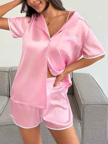 Image of Ekouaer Womens Satin Pajamas Set 2 piece Silky Buttton Down Short Pjs | Silk Notch Collar Top and Soft Shorts Lounge Set for Sleep, Daily Wear, Home, Wedding, Party