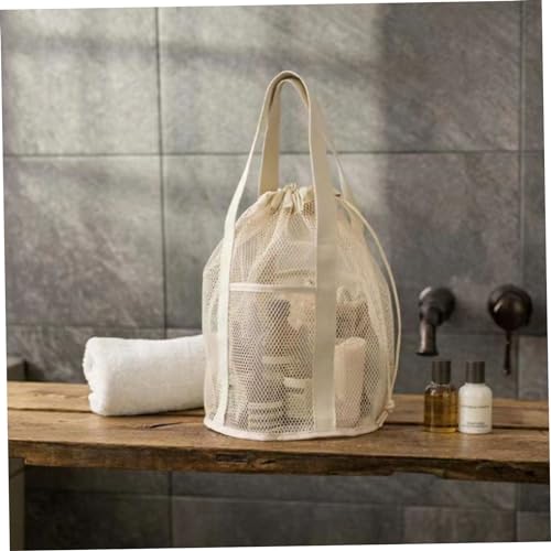 Mesh Beach Bag,Durables Beach Tote Bag with Drawstring,Foldable Beach Toy Bag with 2 Front Pockets,Swim Pool Mesh Bags Drawstring for Toys,Towel,Flip Flops/Beige4