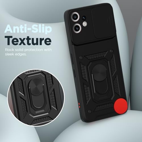 Image of Pikkme Back Cover for CMF by Nothing Phone 2 Pro 5G | 360 Protection Case | Sliding Camera Shield Cover & Ring Holder Stand D10 Tough Armor Bumper Case (Black)