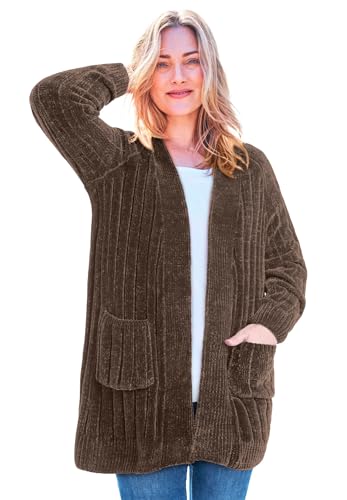 Woman Within Plus Size Open Front Chenille Cardigan - 1X, Chocolate