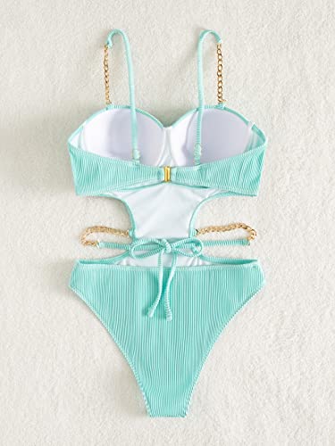 Makemechic Women's Chain Push Up Cut Out One Piece Swimsuit Ribbed Monokini Bathing Suit Mint Blue M #TOP1