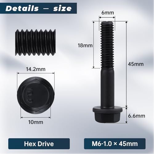 Image of Glvaner M6-1.0 x 45mm (20 pcs) Alloy Steel Flanged Washer Head Hex Bolts, Extra-Large Washer Head, 10.9 Grade Black Oxide Finish GB5789 Partial Thread