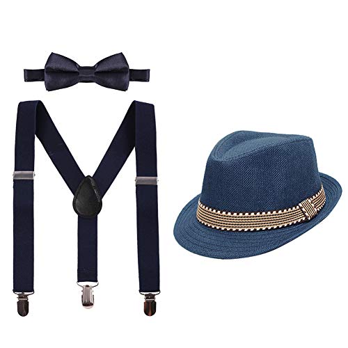 Kid Boy Girl Fedora Hat + Suspenders + Bow Tie 3PCS Set Birthday Party Formal Event Wedding Photography Prop Deep Blue