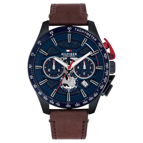 Image of Tommy Hilfiger Bank with Blue Dial Brown Leather Strap Watch for Men - TH1792268
