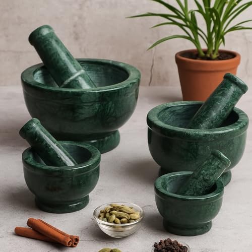 Image of BR AND SONS GREEN Marble Mortar and Pestle Set - 4 Inch Traditional Imam Dasta Kundi Kharal Okhli Khalbatta - Natural Stone Spice Grinder for Kitchen - Indian Masher