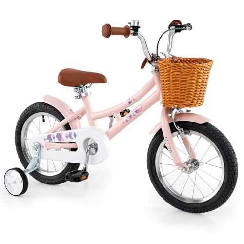 Image of BABY JOY Retro Kids Bike, 12 14 16 18 Inch Child Bike for 3-8 Years Old w /Rattan Basket, Adjustable Height, Training Wheels, Fenders, Handbrake Coaster Brake, 95% Pre-Assembled Kids Bicycle for Girls