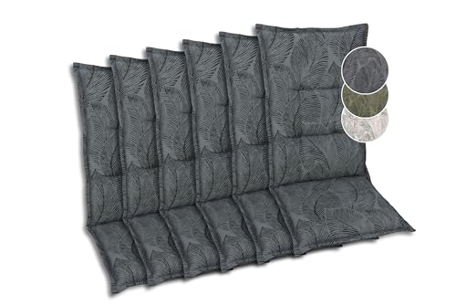 GO-DE Textil Bequeme und attraktive Polsterauflagen für Hochlehner-Gartenstühle (6er-Set, Blattmotiv groß anthrazit, Hochlehner)