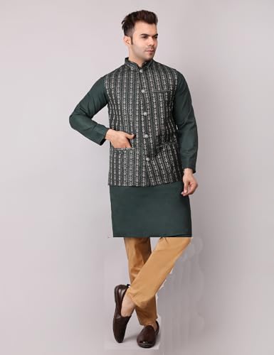 Image of Men's Cotton Silk Blend Regular Kurta Pyjama, Embroidered Nehru Jacket /Waistcoat Set