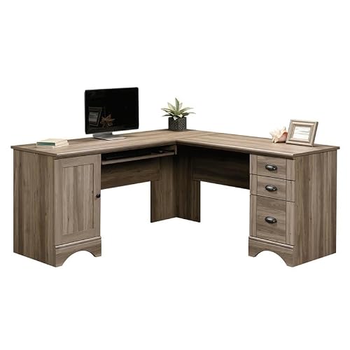 Bowery Hill L-Shaped Home Office Computer Desk In Salt Oak With Storage Drawers #TOP3