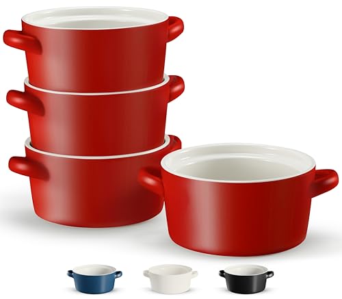 Soup bowls with handles, ceramic oven safe set of 4 (matte red)