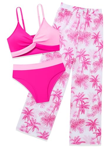 Image of Girls Swimsuit 3 Piece Bathing Suit Criss Cross Bikini Set Tropical Floral Swimwear with Mesh Cover Up Pants Size 9-16Y