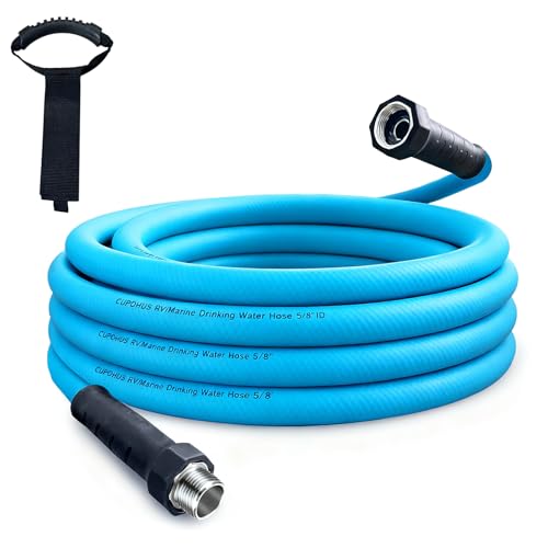 Image of Cupohus RV Water Hose 25FT 5 /8''ID Potable Food Drinking Water Hose | Camper Water Hose, Potable Food Grade Hose with Storage Strap, Strain Relief Ends, Kink-Resistant, Marine, Car, Garden, Blue