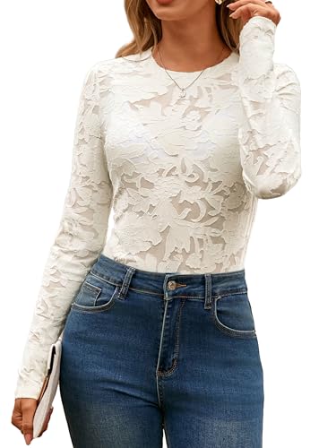 Glamaker Womens Mesh Long Sleeve Tops Lace See Through Sexy Crew Neck Eyelet Shirts Party Floral Club Dressy Blouse(Light Apricot,Large)