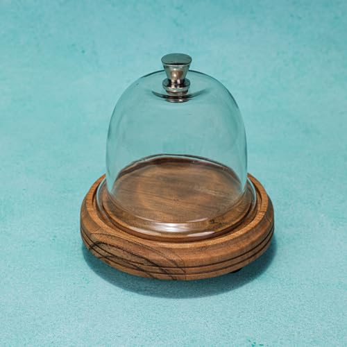 Image of Candy Glow Acacia Wood Cake Stand with Glass Dome - Wooden Cake Display Stand with Glass Cloche, Dessert & Cupcake Stand for Birthday & Celebrations