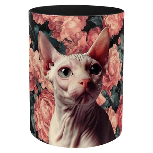 Pot à crayons original motif chat sans poils et fleurs roses pour offrir - 2