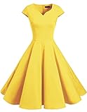DRESSTELLS Spring Yellow Vintage Dresses for Women, Spring Yellow 1950s Dresses for Women, Spring Yellow Rockabilly Dresses for Women with Sleeve Belt Yelllow M