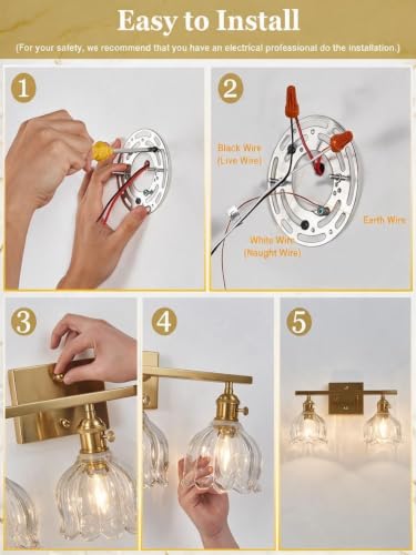 Image of 3-Light Vintage Bathroom Vanity Light, 19.4 inch Brass Hardwired Wall Sconce with Amber Tulip Glass Shades, Brushed Gold Vanity Light for Mirror, Restroom, Bedroom (Clear, 2-Light)