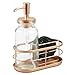 mDesign Modern Glass/Metal Kitchen Sink Countertop Liquid Hand Soap Dispenser Pump Bottle Caddy with Storage Compartments - Holds and Stores Sponges, Scrubbers and Brushes - Clear/Copper