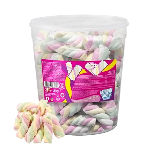Rainbow Marshmallows Twists Sweets Bulk - 680g Twister Cable Giant Marshmallows with Cream Vanilla Tub & Topline Card. Kids Sweets for Birthday Party Camping Party Bag Fillers