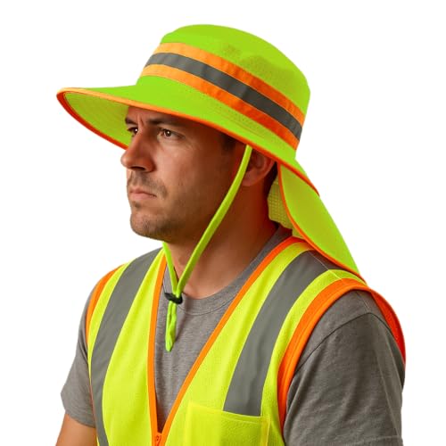 TZ Promise Men High Visibility Reflective Bucket Hat with Neck Flap Wide Brim Boonie Sun Hat Cap (US Alpha One Size Neon Lime)