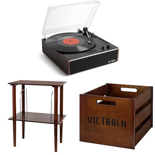 Victrola Eastwood Signature Bluetooth Record Player & Victrola Wooden Stand for Wooden Music Centers with Record Holder Shelf, Espresso & Victrola Wooden Record Crate