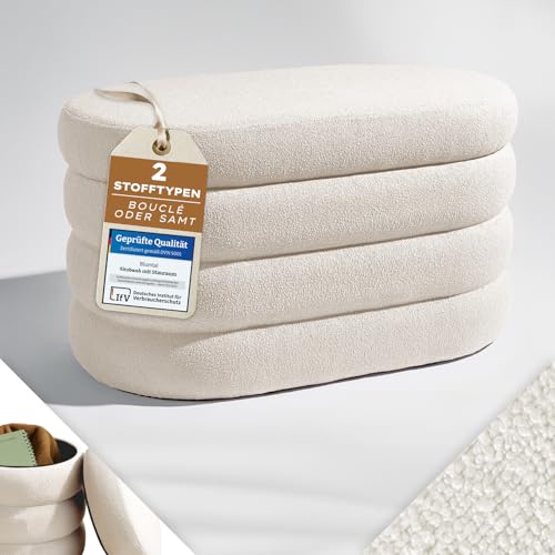 Blumtal Sitzbank mit Stauraum oval, Bouclé-Bezug - robuste Sitztruhe mit Stauraum & Bouclé-Stoff-Bezug 76 x 42 x 42.5 cm - Fusshocker gepolstert für Sessel - wunderschöner Bouclé-Look - Pouf Creme
