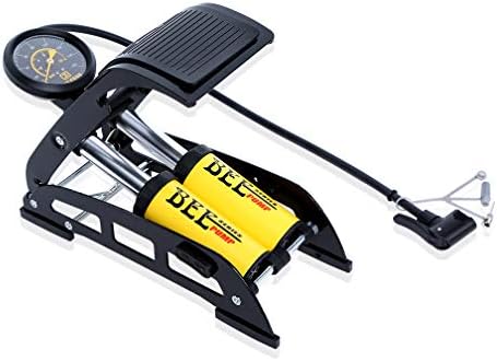 HorizonZ Portable Bike Pump, Double Barrel Foot Pump with Accurate Pressure Gauge High Pressure Air Pump Foot Inflator for Bicycle, Motorcycle, Car, Mountain Bike and Basketball (Black and Yellow)