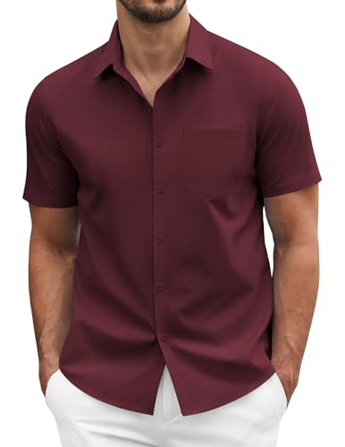 COOFANDY Mens Casual Dress Shirt Short Sleeve Business Attire Regular Fit Polyester Wrinkle Free Button Down Shirts with Pocket Wine Dark Red Burgundy Large