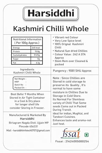 Image of Kashmiri Red Chilli Whole 200g | Lal Mirch Sabut Natural Dry | Strong Smoky Spice