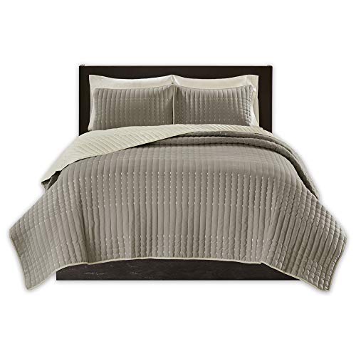 Comfort Spaces Reversible King Quilt Set Taupe - 3 Piece Bayley Mini Quilt Set Ivory Reverse – Embroidery Stitches King Size Quilt Includes 1 King Quilt / 2 Shams