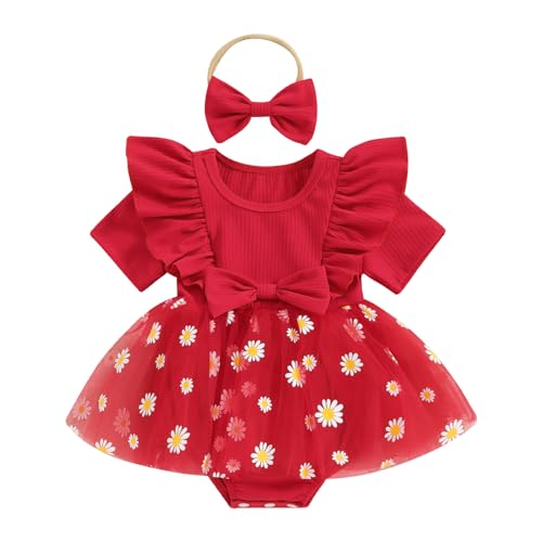 Image of MA&BABY Baby Girls Daisy Romper Bowknot+Headband Short Sleeve Playsuits Floral Jumpsuit Infant Summer Clothes (S-Red, 0-3 Months)