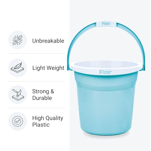 Image of FLAIR Estella 8L Set of 3 Plastic Bathroom Bucket, Blue | Durable Virgin Plastic Buckets with Easy-Grip Handle | Lightweight & Multipurpose for Mopping, Floor Cleaning, Kitchen and Daily Use