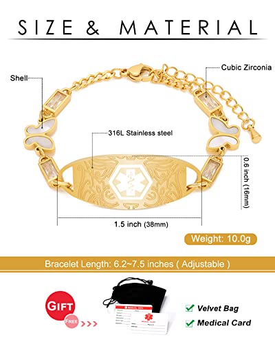 Just Meet You Medical Alert Bracelets For Women Girls, Personalized Stainless Steel Medical Id Bracelets For Women, Butterfly Charms & Cubic Zircon Gold Medical Bracelet, Adjustable (6.2-7.5 Inches) #TOP3