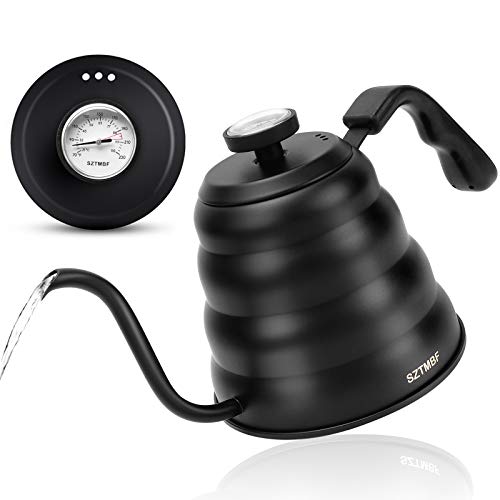 Gooseneck Pour Over Kettle for Coffee and Tea With Thermometer - Hand Drip Precision Flow Spout Jug for Induction Stovetop (Matte Black 1200ml)