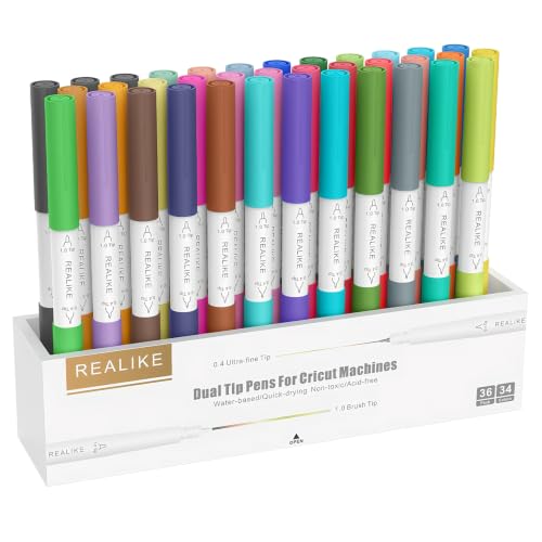 Image of REALIKE Dual Tip Pens Compatible with Cricut Maker 3 /Maker 4 /Maker /Explore 3 /4 /5 /Air 2 /Air, Dual Tip Marker Set of 36 Pack Fine Point Pen Writing Drawing Accessories for Machine (0.4 Tip & 1.0 Tip)