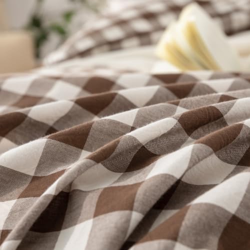 Image of BESTOUCH Gingham Cotton Duvet Cover Set Cocoa Brown Twin | Washed Cotton, Linen Feel, Soft Wrinkle Texture, Hidden Zipper, 8 Ties, Breathable Lightweight Durable Comfy, 2 Pcs No Insert
